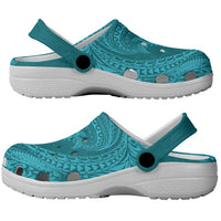 Hawaiian Turtle and Shark Clogs Shoes Kakau Tribal with Polynesian Pattern Turquoise Color LT03 - Polynesian Pride