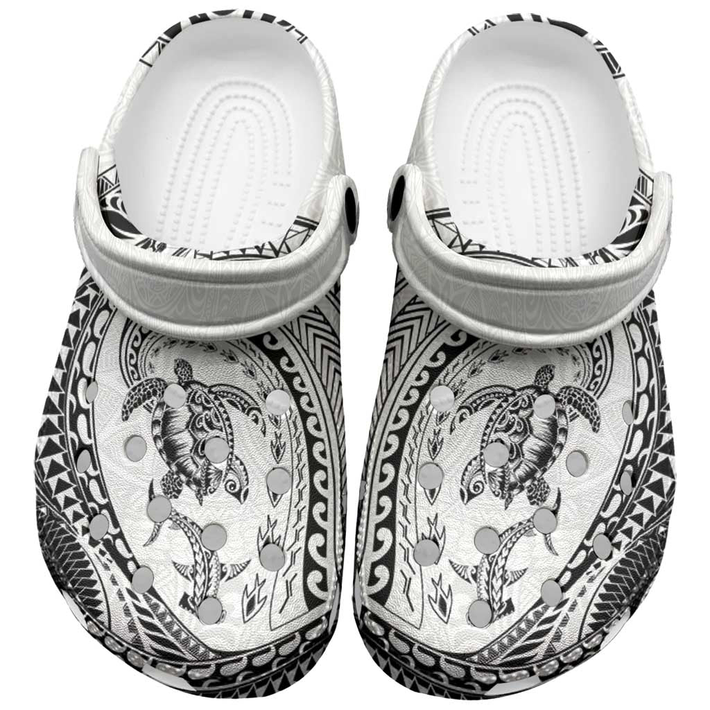 Hawaiian Turtle and Shark Clogs Shoes Kakau Tribal with Polynesian Pattern White Color LT03 White - Polynesian Pride