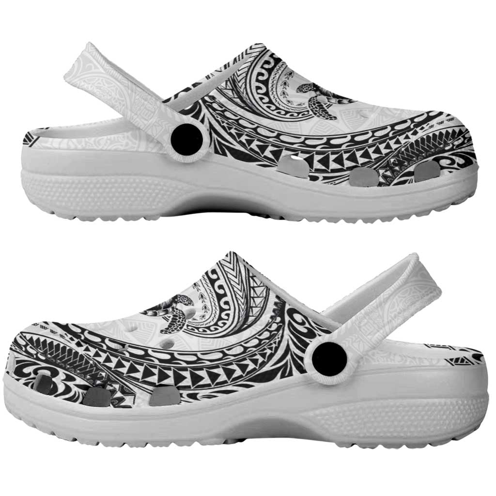 Hawaiian Turtle and Shark Clogs Shoes Kakau Tribal with Polynesian Pattern White Color LT03 - Polynesian Pride