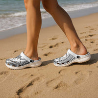 Hawaiian Turtle and Shark Clogs Shoes Kakau Tribal with Polynesian Pattern White Color LT03 - Polynesian Pride