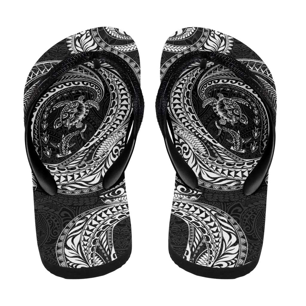 Hawaiian Turtle and Shark Flip Flops Kakau Tribal with Polynesian Pattern Black Color LT03 - Polynesian Pride