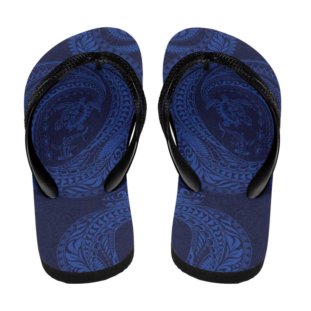 Hawaiian Turtle and Shark Flip Flops Kakau Tribal with Polynesian Pattern Blue Color LT03 - Polynesian Pride