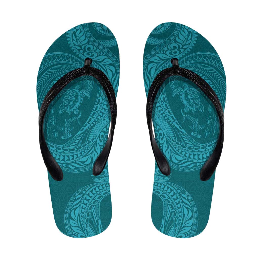 Hawaiian Turtle and Shark Flip Flops Kakau Tribal with Polynesian Pattern Turquoise Color LT03 Turquoise - Polynesian Pride
