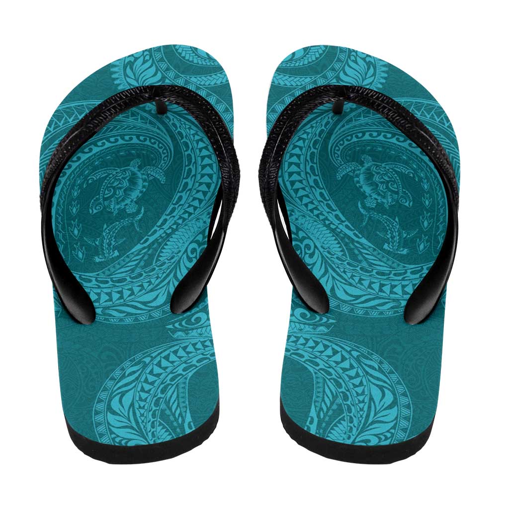 Hawaiian Turtle and Shark Flip Flops Kakau Tribal with Polynesian Pattern Turquoise Color LT03 - Polynesian Pride