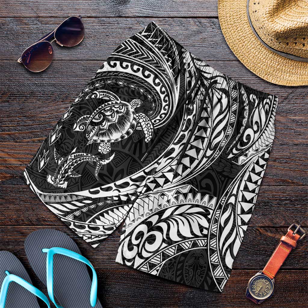 Hawaiian Turtle and Shark Shorts for Men Kakau Tribal with Polynesian Pattern Black Color LT03 Black - Polynesian Pride