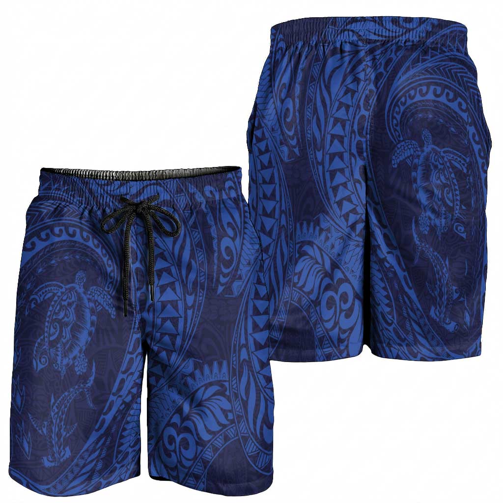 Hawaiian Turtle and Shark Shorts for Men Kakau Tribal with Polynesian Pattern Blue Color LT03 - Polynesian Pride