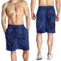 Hawaiian Turtle and Shark Shorts for Men Kakau Tribal with Polynesian Pattern Blue Color LT03 - Polynesian Pride