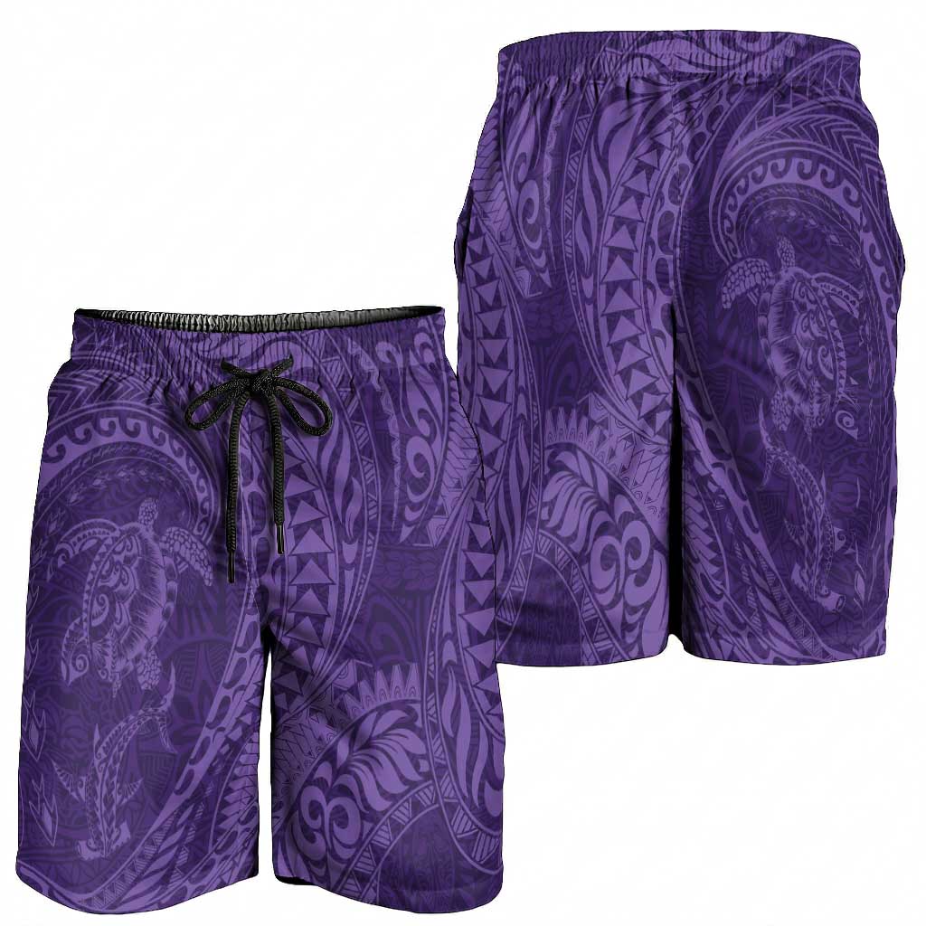 Hawaiian Turtle and Shark Shorts for Men Kakau Tribal with Polynesian Pattern Purple Color LT03 - Polynesian Pride