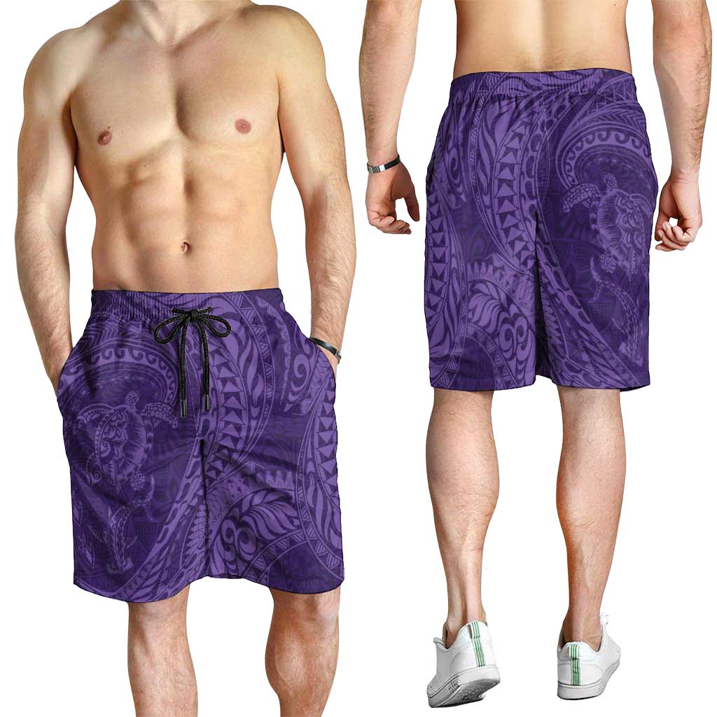 Hawaiian Turtle and Shark Shorts for Men Kakau Tribal with Polynesian Pattern Purple Color LT03 - Polynesian Pride