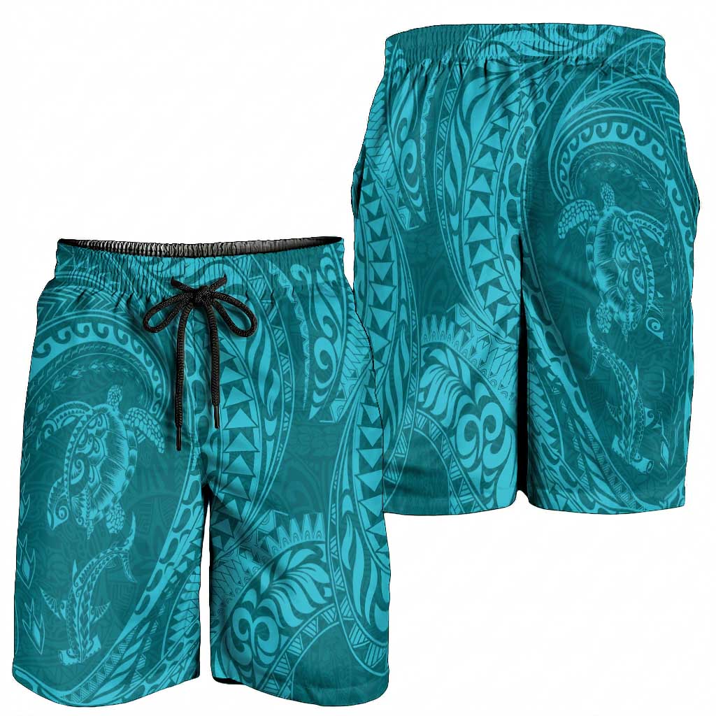 Hawaiian Turtle and Shark Shorts for Men Kakau Tribal with Polynesian Pattern Turquoise Color LT03 - Polynesian Pride
