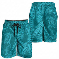 Hawaiian Turtle and Shark Shorts for Men Kakau Tribal with Polynesian Pattern Turquoise Color LT03 - Polynesian Pride