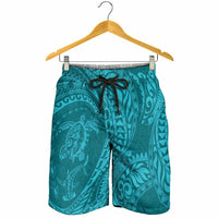 Hawaiian Turtle and Shark Shorts for Men Kakau Tribal with Polynesian Pattern Turquoise Color LT03 - Polynesian Pride