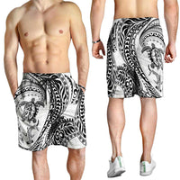 Hawaiian Turtle and Shark Shorts for Men Kakau Tribal with Polynesian Pattern White Color LT03 - Polynesian Pride