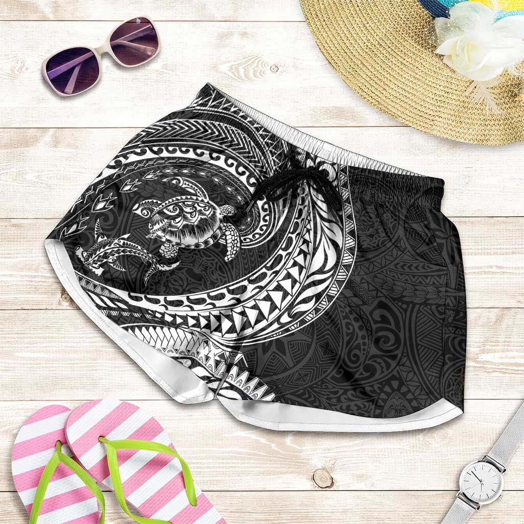 Hawaiian Turtle and Shark Shorts for Women Kakau Tribal with Polynesian Pattern Black Color LT03 Black - Polynesian Pride