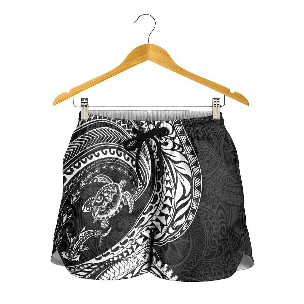 Hawaiian Turtle and Shark Shorts for Women Kakau Tribal with Polynesian Pattern Black Color LT03 - Polynesian Pride