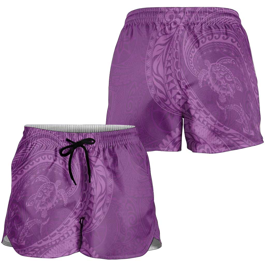 Hawaiian Turtle and Shark Shorts for Women Kakau Tribal with Polynesian Pattern Pink Color LT03 - Polynesian Pride
