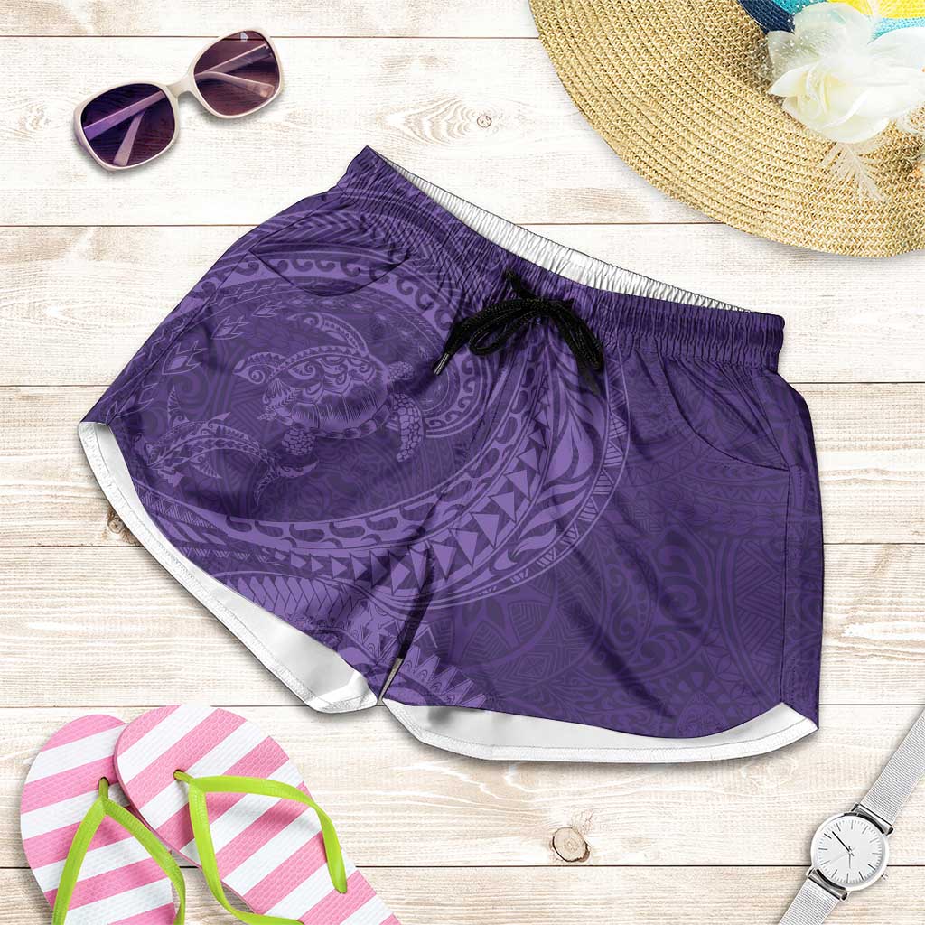 Hawaiian Turtle and Shark Shorts for Women Kakau Tribal with Polynesian Pattern Purple Color LT03 Purple - Polynesian Pride