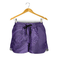 Hawaiian Turtle and Shark Shorts for Women Kakau Tribal with Polynesian Pattern Purple Color LT03 - Polynesian Pride