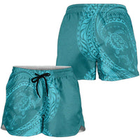 Hawaiian Turtle and Shark Shorts for Women Kakau Tribal with Polynesian Pattern Turquoise Color LT03 - Polynesian Pride