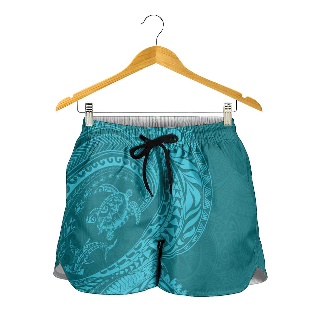 Hawaiian Turtle and Shark Shorts for Women Kakau Tribal with Polynesian Pattern Turquoise Color LT03 - Polynesian Pride