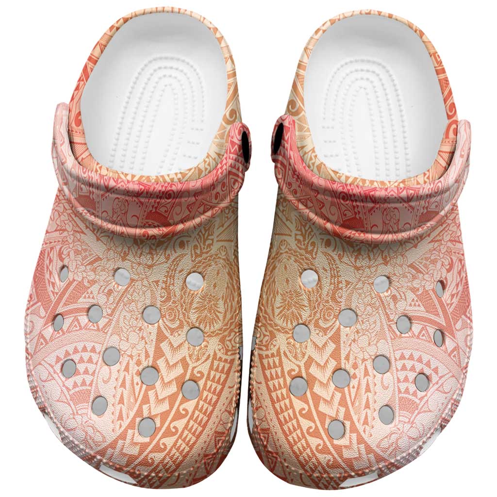 Hawaiian Turtles and Leis Clogs Shoes Tribal Kakau Pattern Peach Fuzz Color