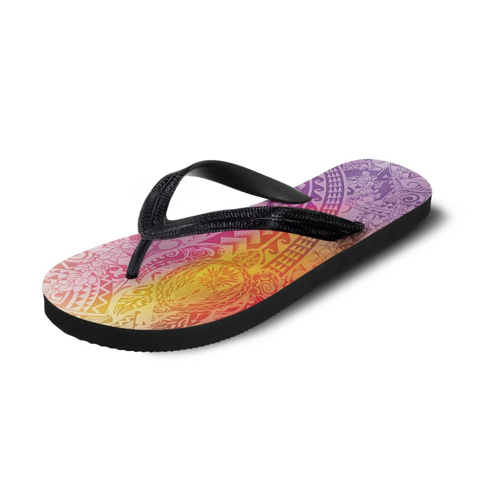 Hawaiian Turtles and Leis Flip Flops Tribal Kakau Pattern Magical Rainbow Sky