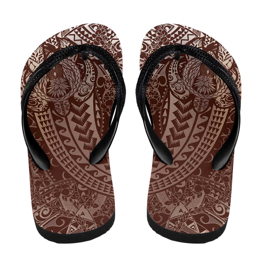 Hawaiian Turtles and Leis Flip Flops Tribal Kakau Pattern Mocha Mousse Color