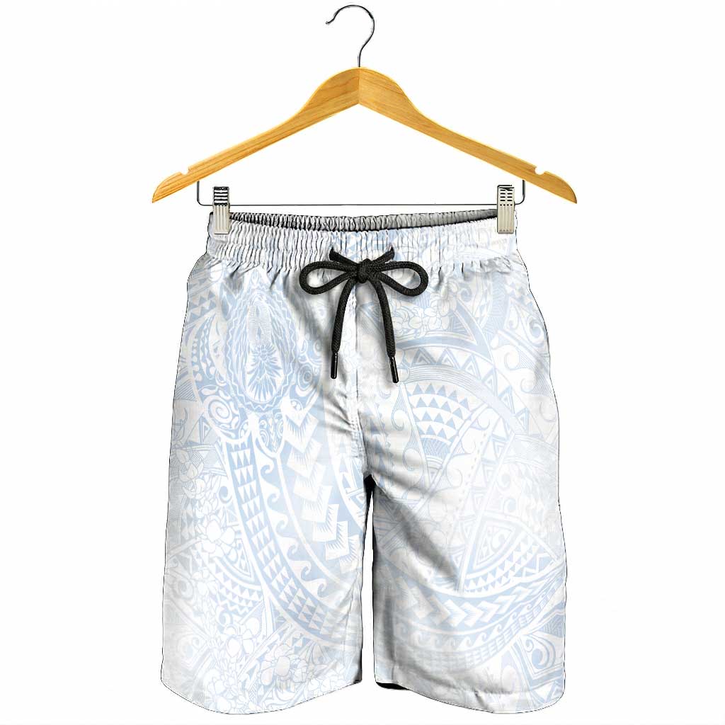 Hawaiian Turtles and Leis Shorts for Men Tribal Kakau Pattern Airy White Blue Cloud Vibe