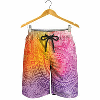 Hawaiian Turtles and Leis Shorts for Men Tribal Kakau Pattern Magical Rainbow Sky