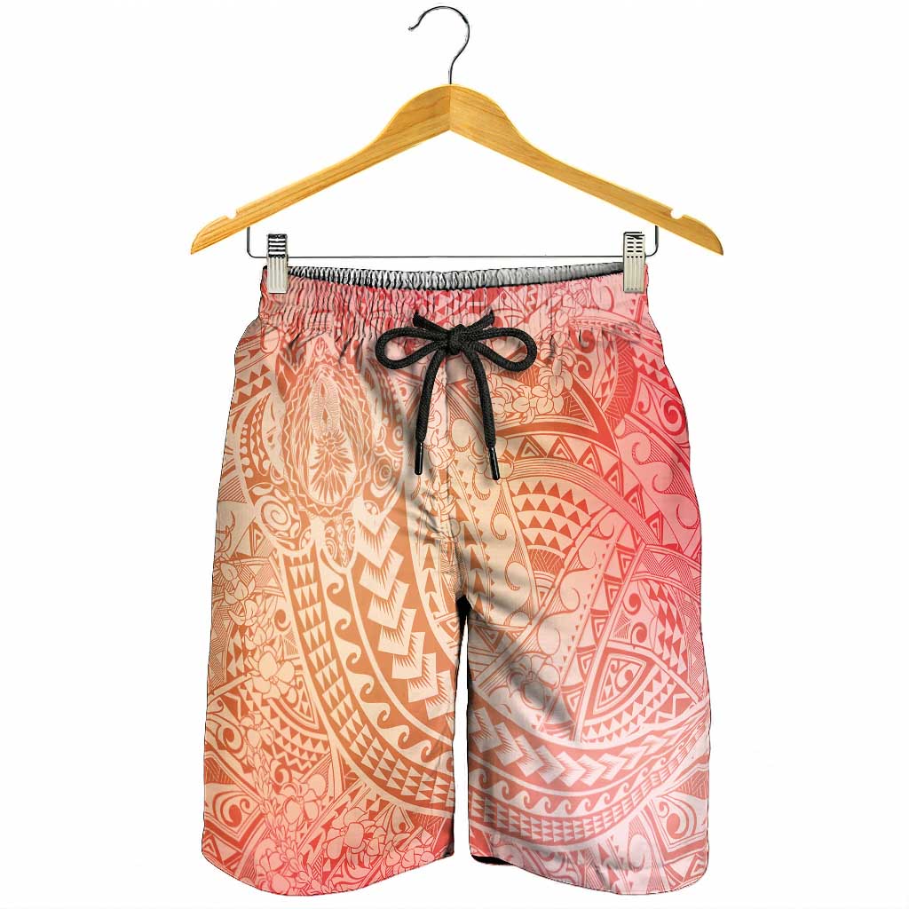 Hawaiian Turtles and Leis Shorts for Men Tribal Kakau Pattern Peach Fuzz Color