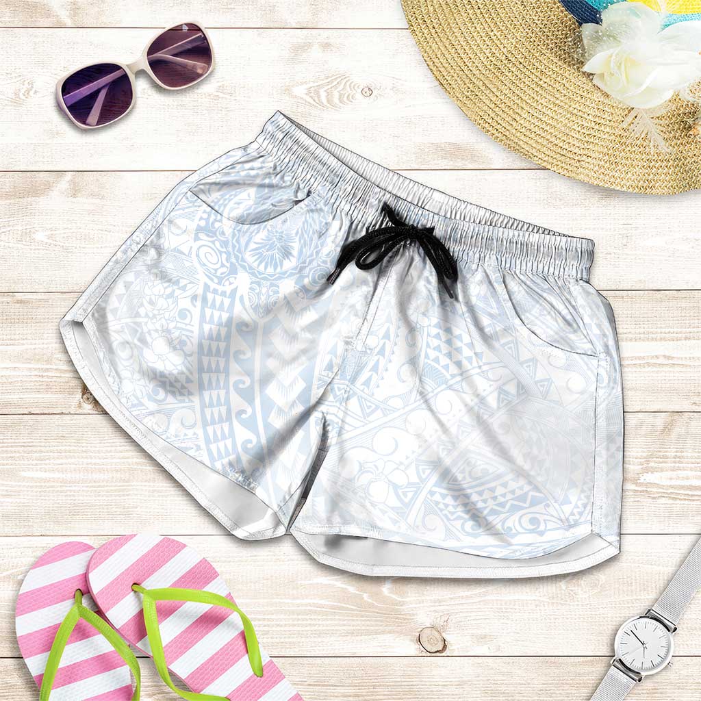 Hawaiian Turtles and Leis Shorts for Women Tribal Kakau Pattern Airy White Blue Cloud Vibe