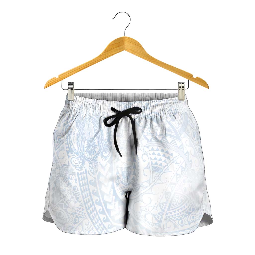 Hawaiian Turtles and Leis Shorts for Women Tribal Kakau Pattern Airy White Blue Cloud Vibe