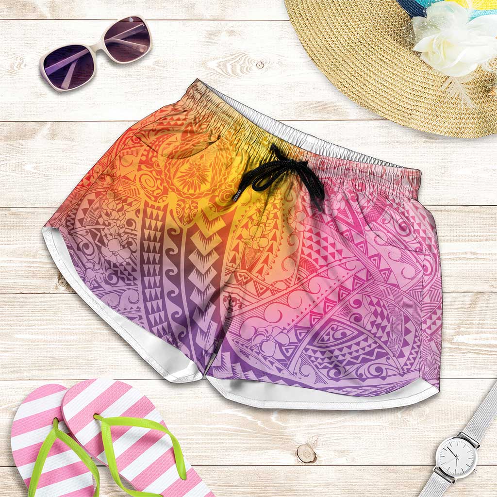 Hawaiian Turtles and Leis Shorts for Women Tribal Kakau Pattern Magical Rainbow Sky