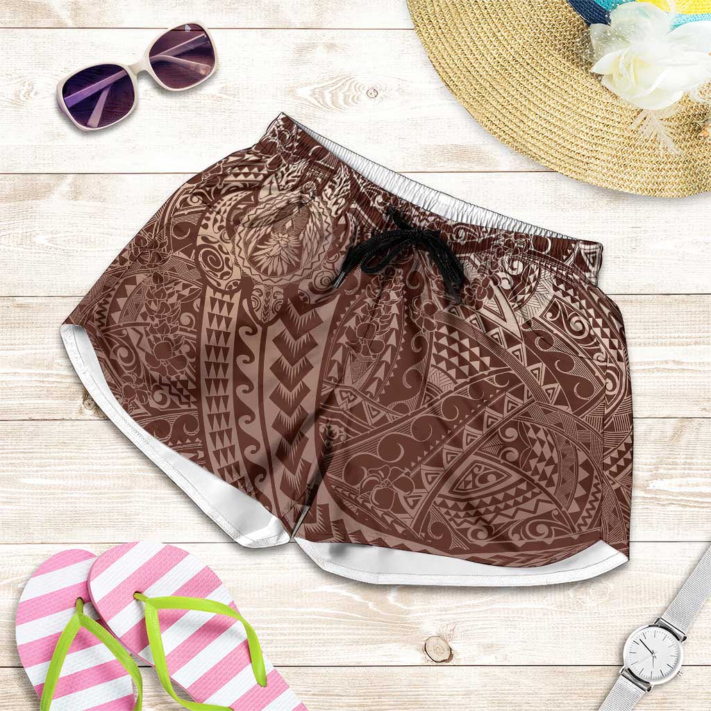 Hawaiian Turtles and Leis Shorts for Women Tribal Kakau Pattern Mocha Mousse Color
