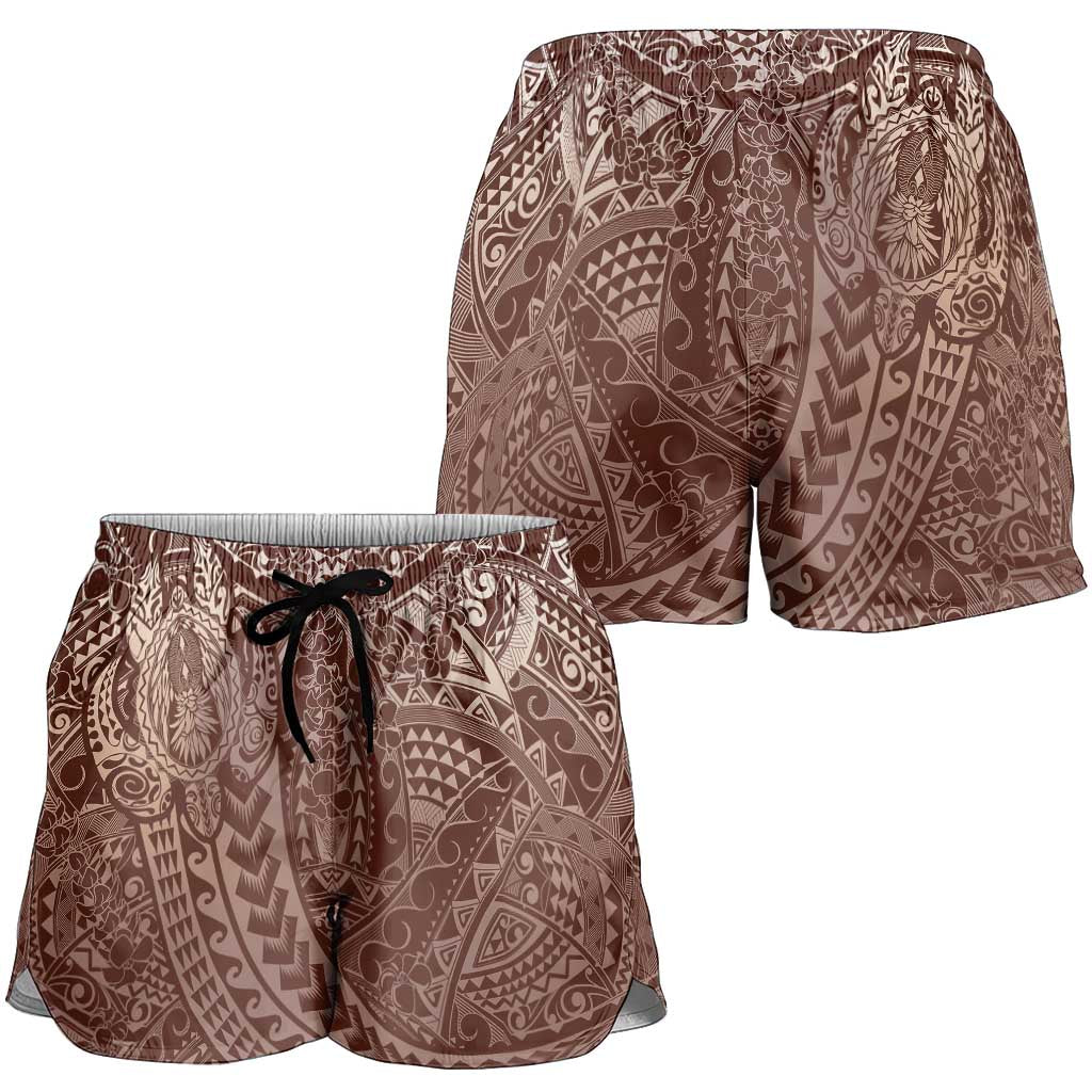 Hawaiian Turtles and Leis Shorts for Women Tribal Kakau Pattern Mocha Mousse Color