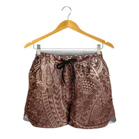 Hawaiian Turtles and Leis Shorts for Women Tribal Kakau Pattern Mocha Mousse Color