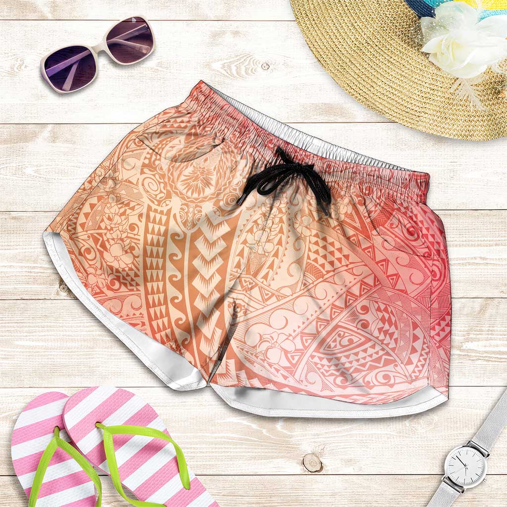Hawaiian Turtles and Leis Shorts for Women Tribal Kakau Pattern Peach Fuzz Color