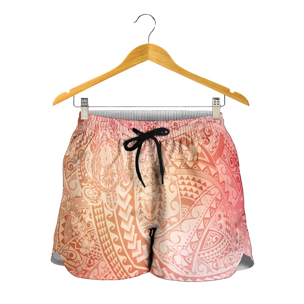 Hawaiian Turtles and Leis Shorts for Women Tribal Kakau Pattern Peach Fuzz Color