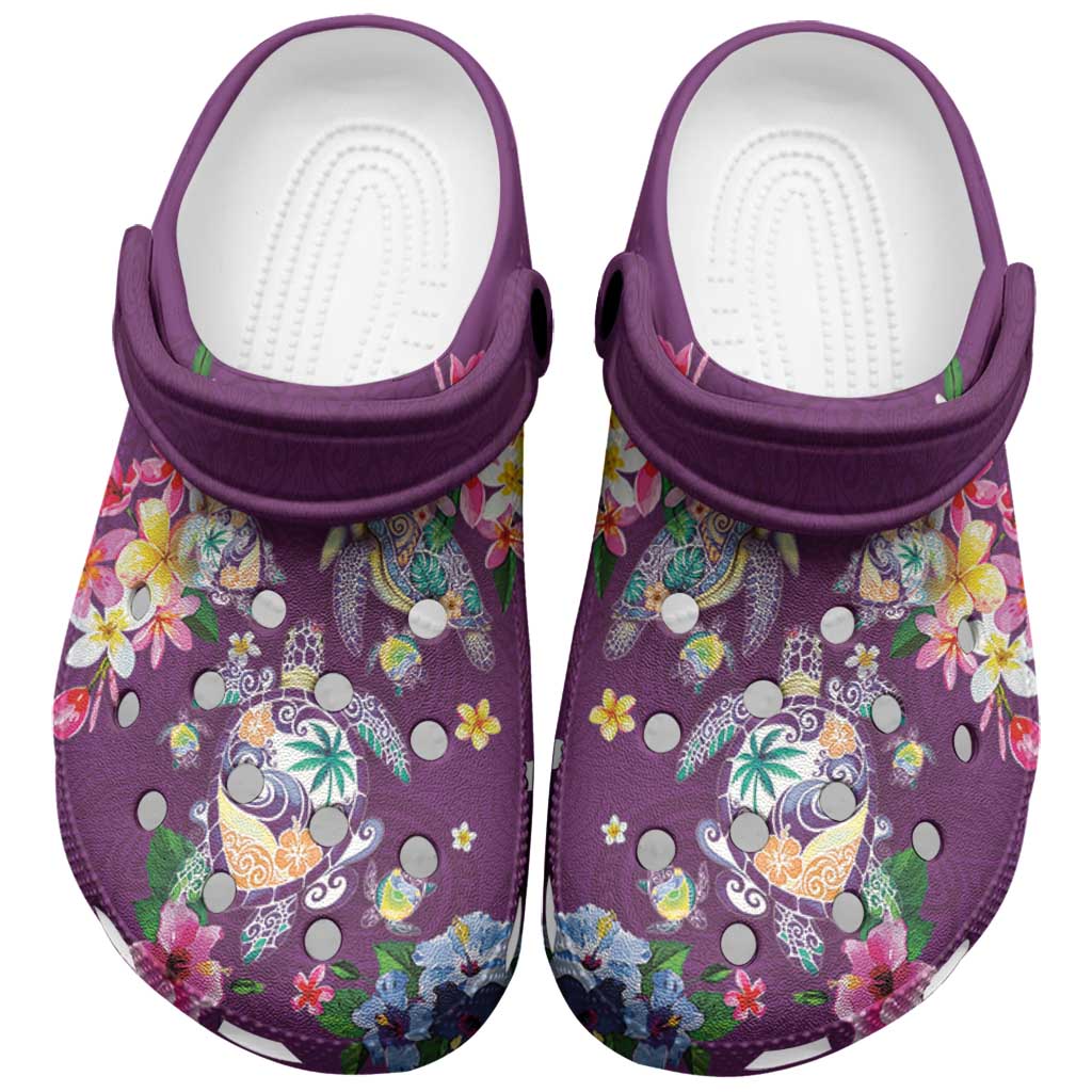 Hawaiian Turtles and Tropical Plants Clogs Shoes Purple Watercolor