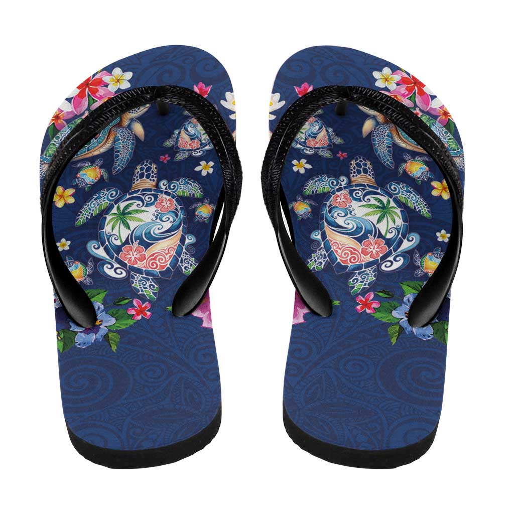 Hawaiian Turtles and Tropical Plants Flip Flops Blue Watercolor LT03 - Polynesian Pride