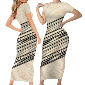 Polynesian Tribal Grey Hawaiian Shirt Short Sleeve Bodycon Dress LT9 - Polynesian Pride