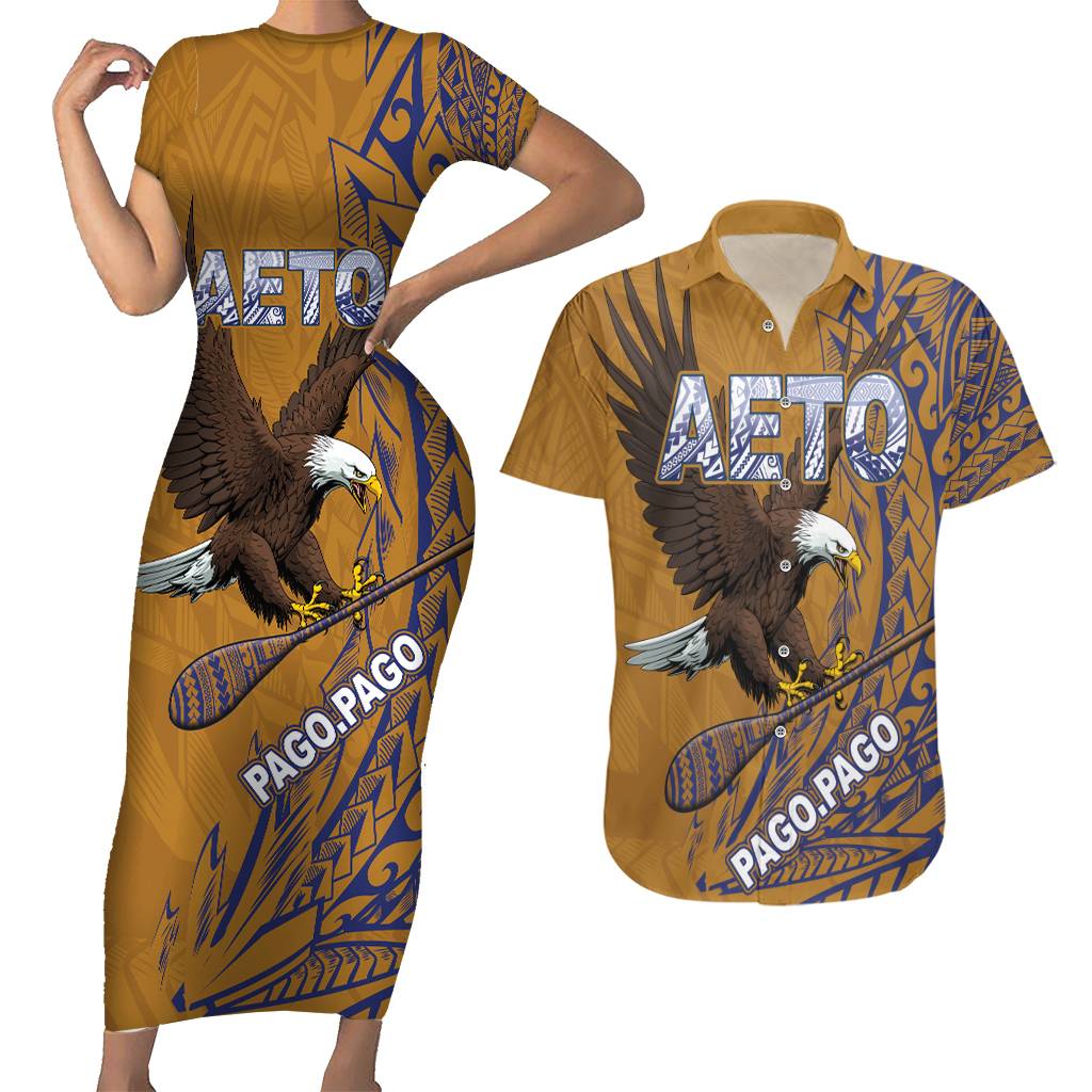American Samoa Couples Matching Short Sleeve Bodycon Dress and Hawaiian Shirt AETO Pago Pago Wings Style LT03