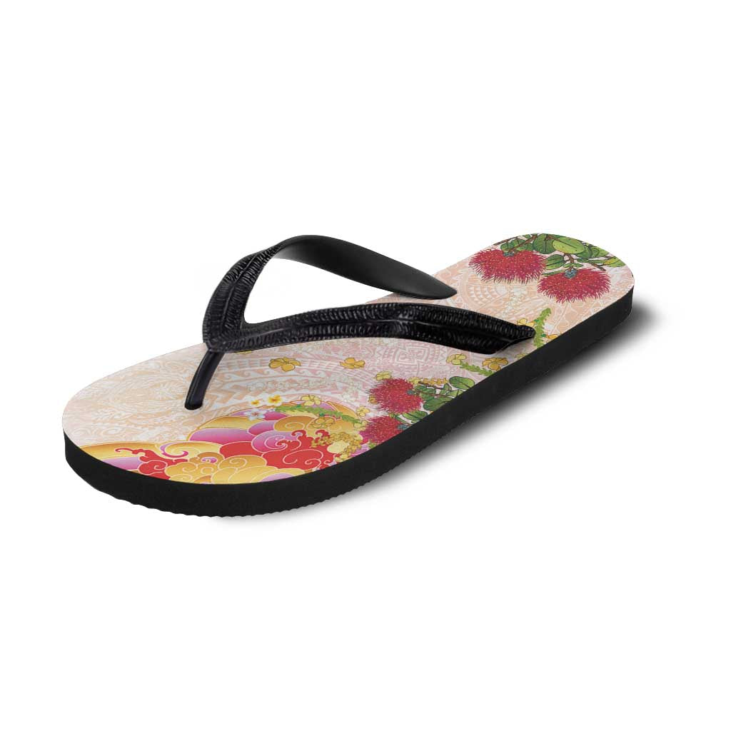 Japanese and Hawaiian Culture Fusion Flip Flops Irezumi with Turtles and Lei Kakau Pattern Sunset Vibe LT03 - Polynesian Pride
