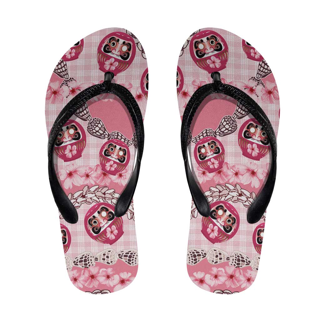 Japanese Daruma Doll Palaka Flip Flops Cherry Blossoms With Shell Lei LT14 Pink - Polynesian Pride
