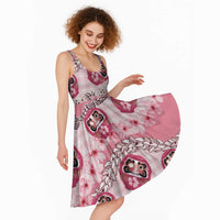 Japanese Daruma Doll Palaka Midi Dress Cherry Blossoms With Shell Lei LT14 - Polynesian Pride