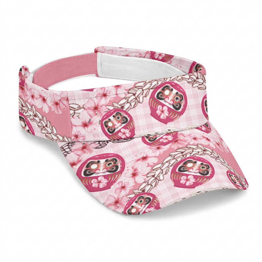 Japanese Daruma Doll Palaka Sun Visor Cap Cherry Blossoms With Shell Lei LT14 Universal Fit Pink - Polynesian Pride