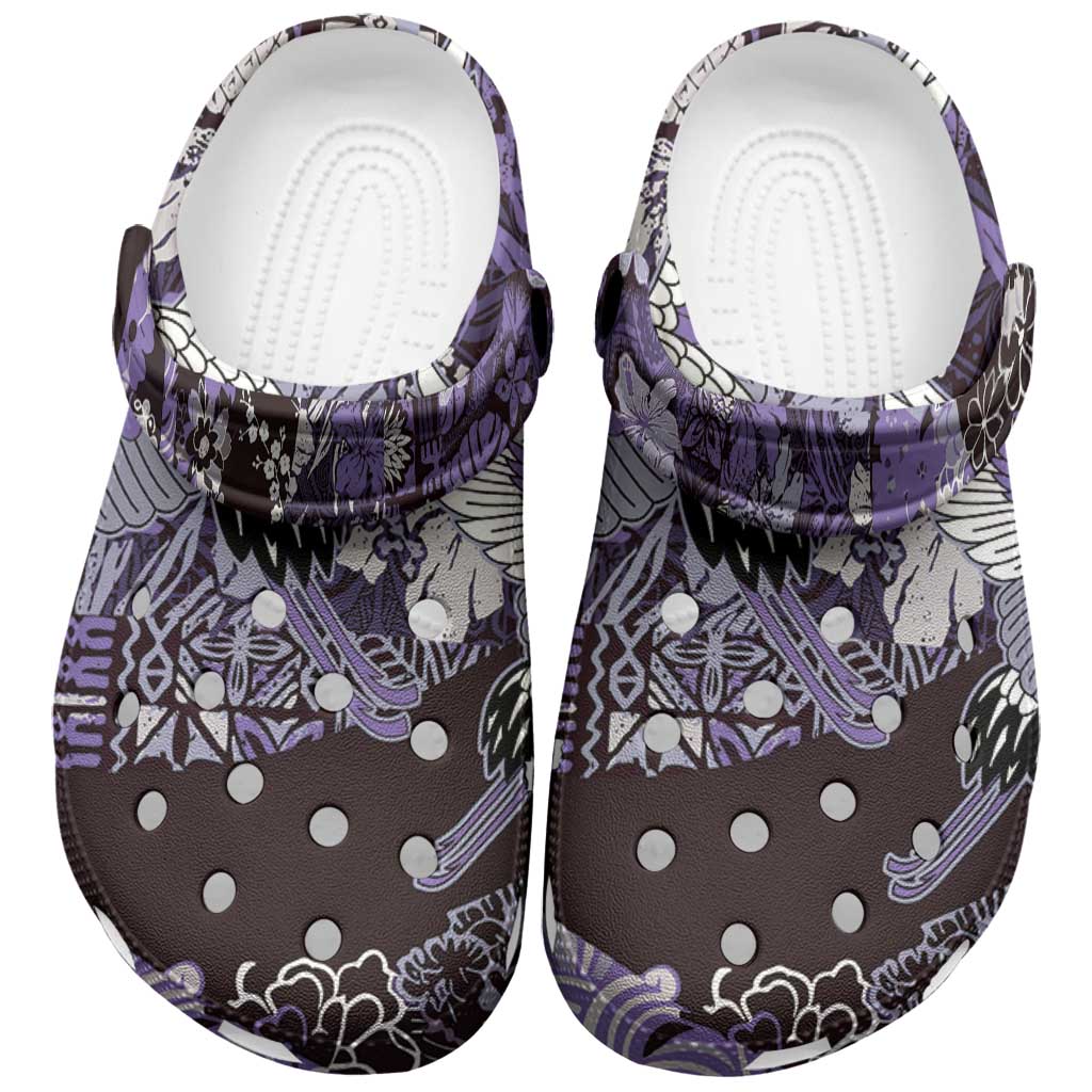 Japanese Hawaiian Crane Clogs Shoes Purple Tapa Patchwork Pattern