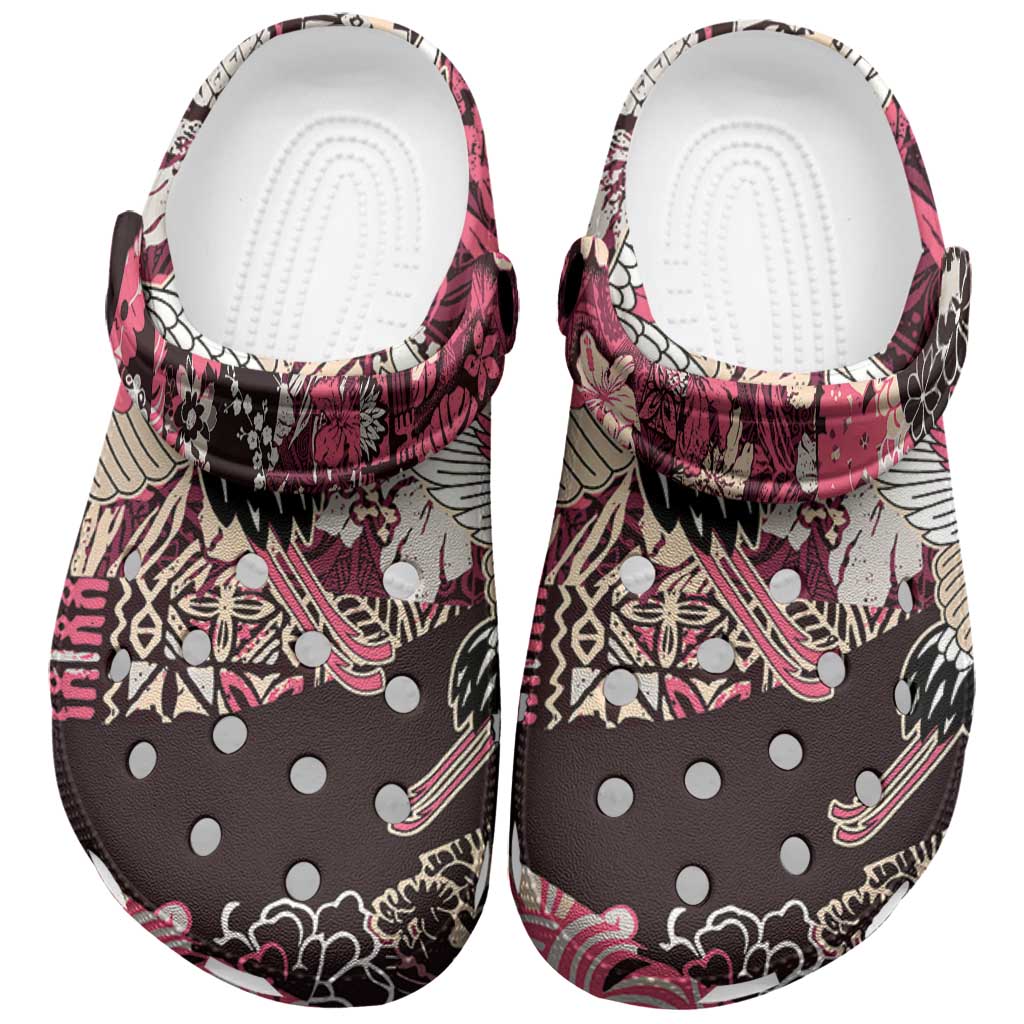 Japanese Hawaiian Crane Clogs Shoes Soft Pink Tapa Patchwork Pattern