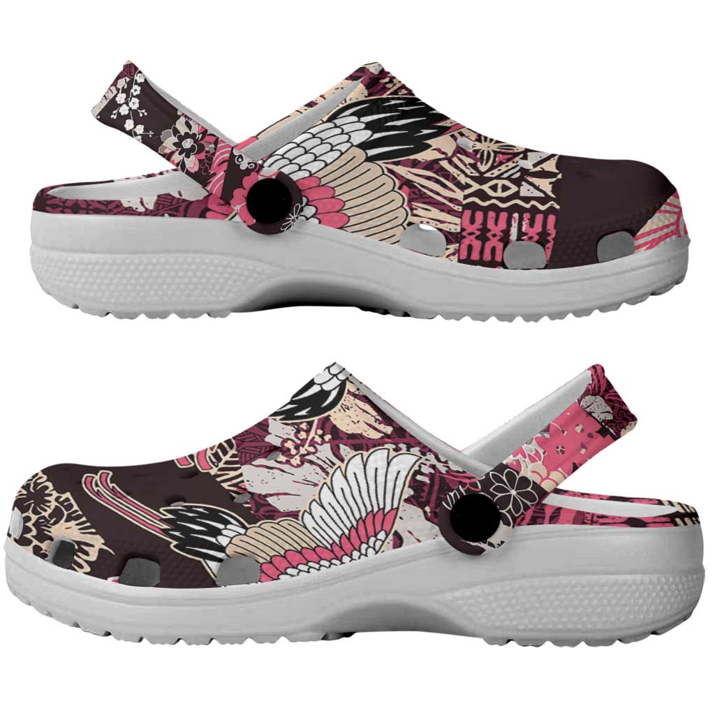 Japanese Hawaiian Crane Clogs Shoes Soft Pink Tapa Patchwork Pattern LT9 - Polynesian Pride