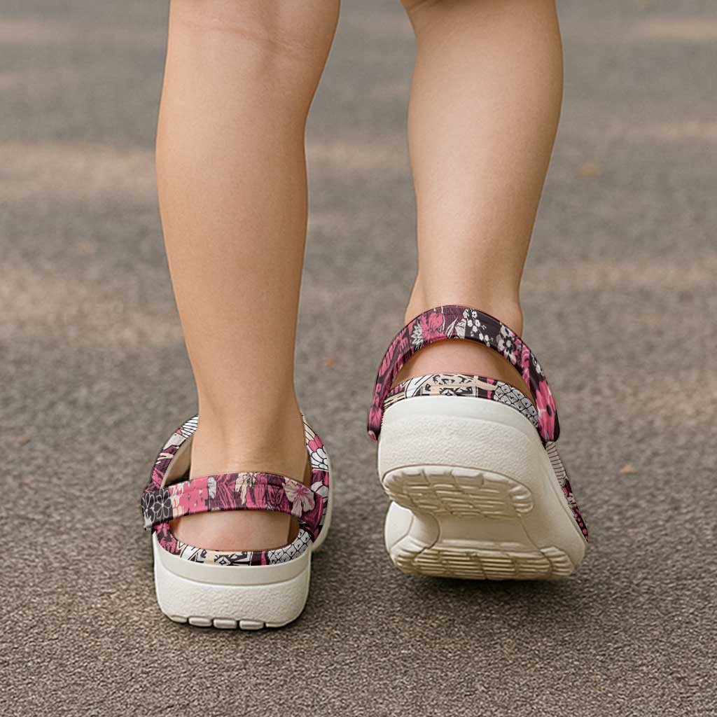 Japanese Hawaiian Crane Clogs Shoes Soft Pink Tapa Patchwork Pattern LT9 - Polynesian Pride